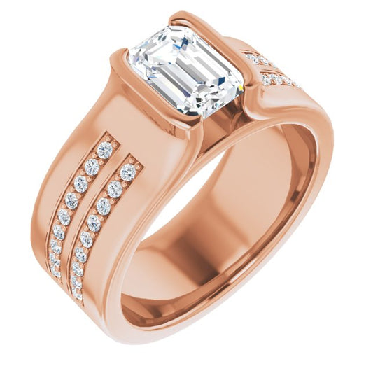 10K Rose Gold Customizable Bezel-set Emerald/Radiant Cut Design with Thick Band featuring Double-Row Shared Prong Accents