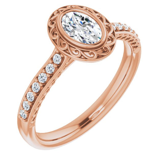 10K Rose Gold Customizable Cathedral-Bezel Oval Cut Design featuring Accented Band with Filigree Inlay