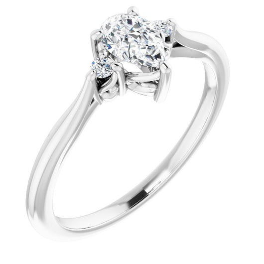 10K White Gold Customizable Three-stone Pear Cut Design with Small Round Accents and Vintage Trellis/Basket