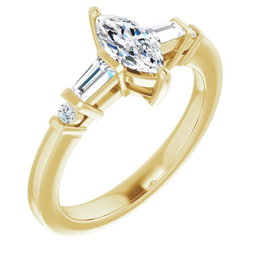 10K Yellow Gold Customizable 5-stone Baguette+Round-Accented Marquise Cut Design)