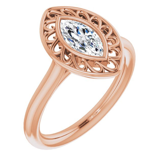 10K Rose Gold Customizable Cathedral-Bezel Style Marquise Cut Solitaire with Flowery Filigree