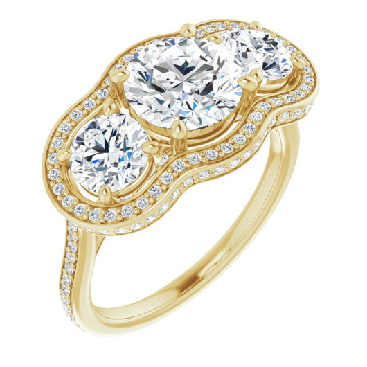 10K Yellow Gold Customizable 3-stone Round Cut Design with Multi-Halo Enhancement and 150+-stone Pavé Band