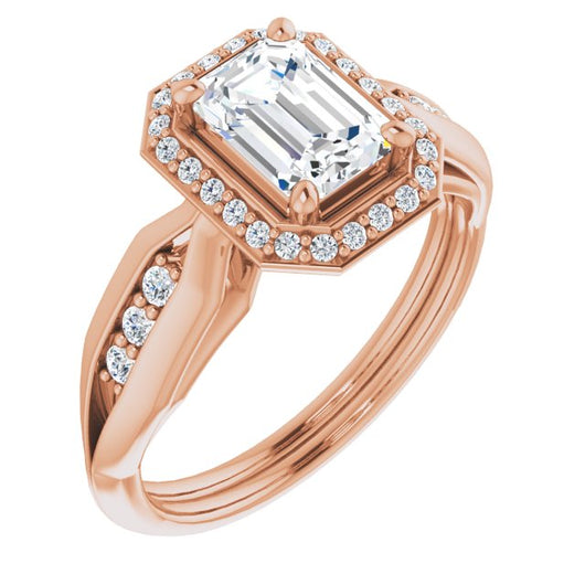 10K Rose Gold Customizable Cathedral-raised Emerald/Radiant Cut Design with Halo and Tri-Cluster Band Accents