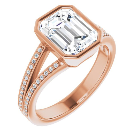 10K Rose Gold Customizable Bezel-set Emerald/Radiant Cut Design with Split Shared Prong Band