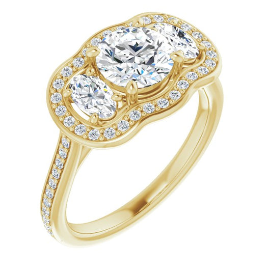 10K Yellow Gold Customizable Round Cut Style with Oval Cut Accents, 3-stone Halo & Thin Shared Prong Band