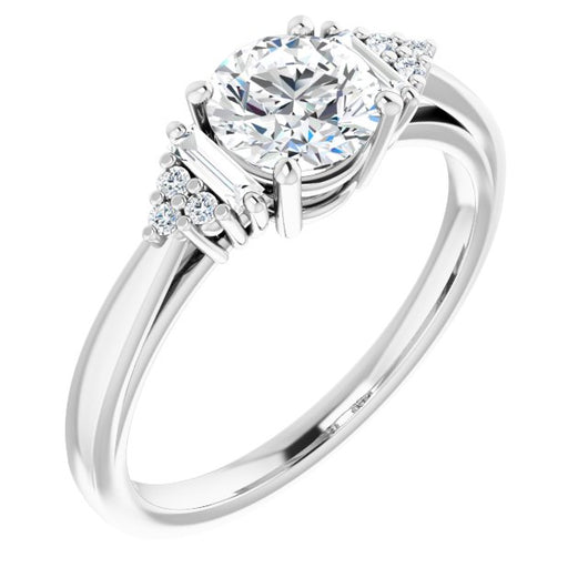 10K White Gold Customizable 9-stone Design with Round Cut Center, Side Baguettes and Tri-Cluster Round Accents