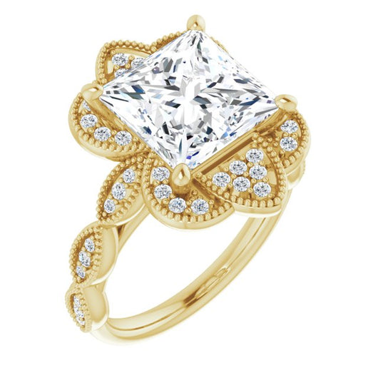 10K Yellow Gold Customizable Cathedral-style Princess/Square Cut Design with Floral Segmented Halo & Milgrain+Accents Band