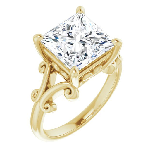 10K Yellow Gold Customizable Princess/Square Cut Solitaire with Band Flourish and Decorative Trellis