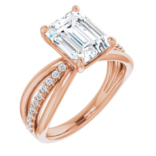 10K Rose Gold Customizable Emerald/Radiant Cut Design with Tri-Split Accented Band