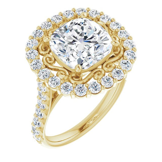 10K Yellow Gold Customizable Cushion Cut Cathedral Style with Oversized Halo