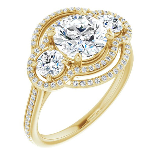 10K Yellow Gold Customizable Enhanced 3-stone Double-Halo Style with Round Cut Center and Thin Band