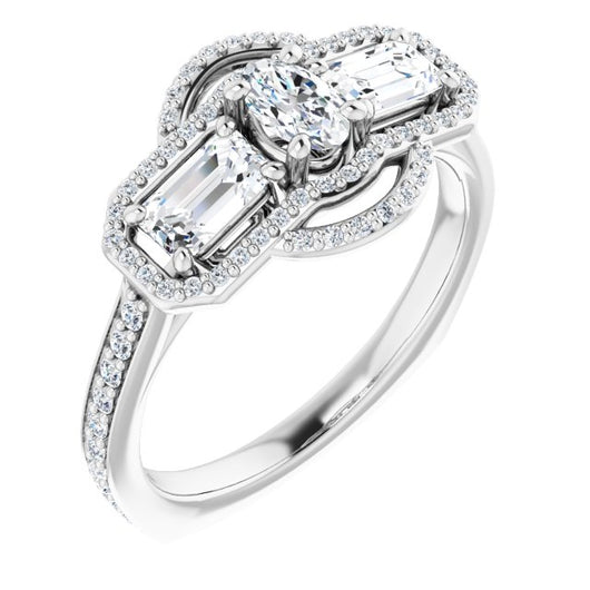 10K White Gold Customizable Enhanced 3-stone Style with Oval Cut Center, Emerald Cut Accents, Double Halo and Thin Shared Prong Band