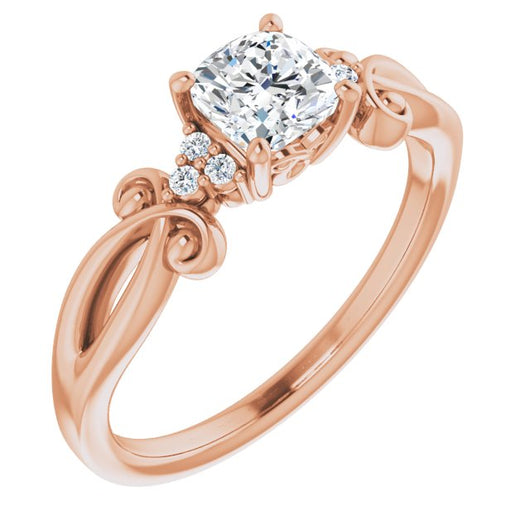 10K Rose Gold Customizable 7-stone Cushion Cut Design with Tri-Cluster Accents and Teardrop Fleur-de-lis Motif