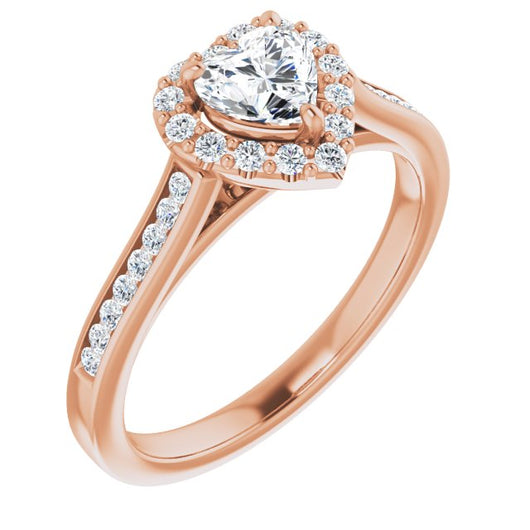 10K Rose Gold Customizable Heart Cut Design with Halo, Round Channel Band and Floating Peekaboo Accents