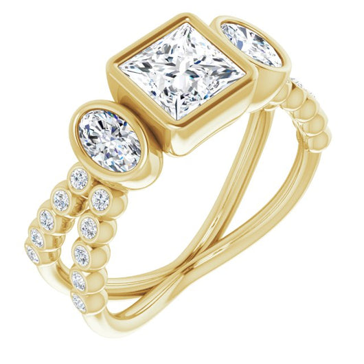 10K Yellow Gold Customizable Bezel-set Princess/Square Cut Design with Dual Bezel-Oval Accents and Round-Bezel Accented Split Band