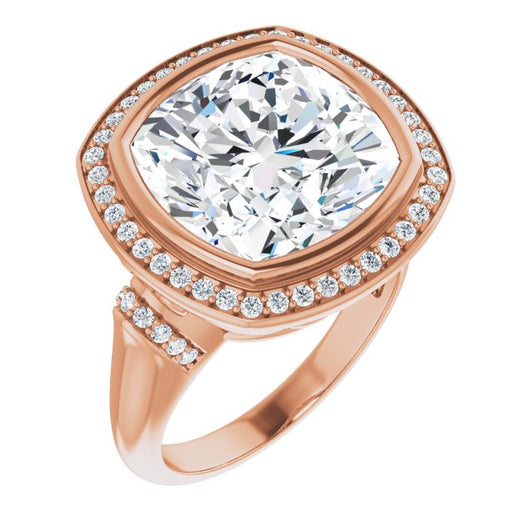 10K Rose Gold Customizable Bezel-set Cushion Cut Design with Halo and Vertical Round Channel Accents