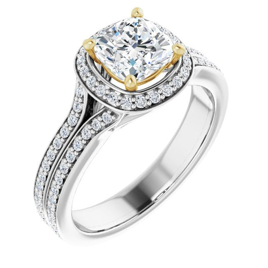 14K White & Yellow Gold Customizable Cathedral-raised Cushion Cut Setting with Halo and Shared Prong Band