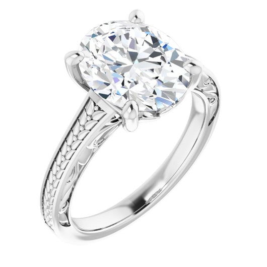 10K White Gold Customizable Oval Cut Solitaire with Organic Textured Band and Decorative Prong Basket