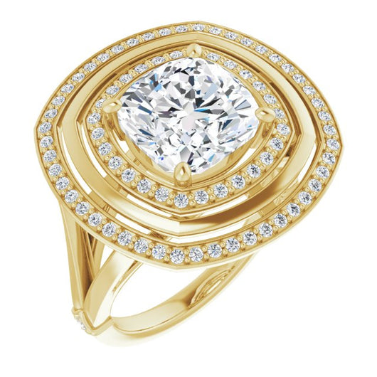 10K Yellow Gold Customizable Cushion Cut Oversized 2x Halo Style with Knuckle Accented Split Band