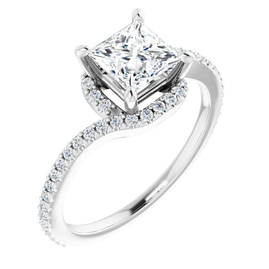 10K White Gold Customizable Artisan Princess/Square Cut Design with Thin, Accented Bypass Band