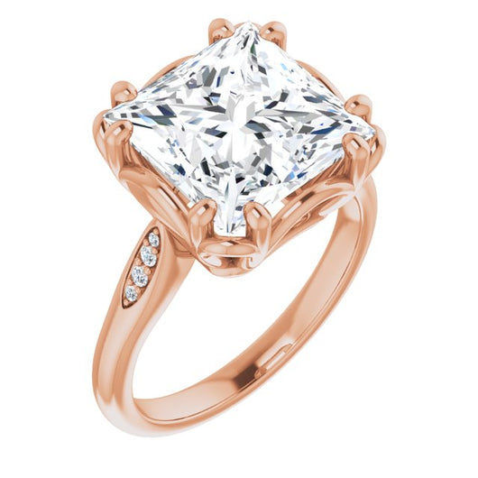 10K Rose Gold Customizable 9-stone Princess/Square Cut Design with 8-prong Decorative Basket & Round Cut Side Stones