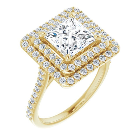 10K Yellow Gold Customizable Double-Halo Princess/Square Cut Design with Accented Split Band