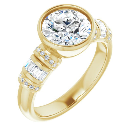 14K Yellow Gold Customizable Bezel-set Round Cut Setting with Wide Sleeve-Accented Band