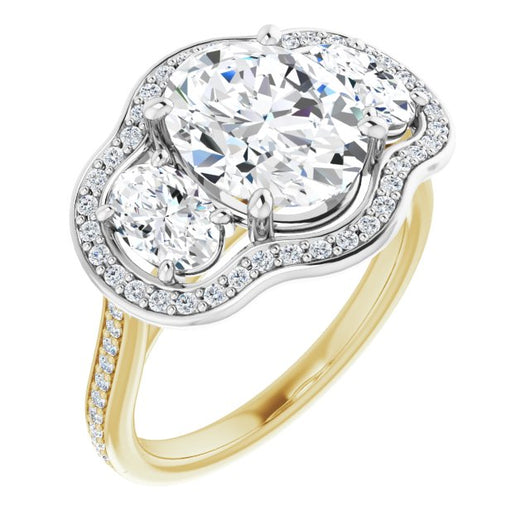 14K Yellow & White Gold Customizable Oval Cut Style with Oval Cut Accents, 3-stone Halo & Thin Shared Prong Band