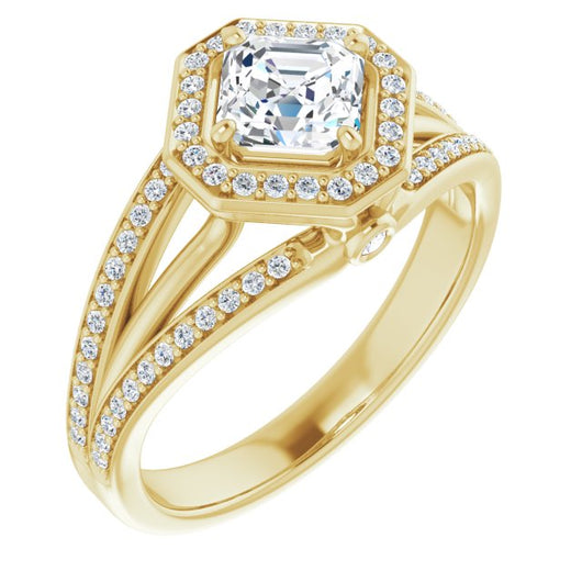 10K Yellow Gold Customizable High-set Asscher Cut Design with Halo, Wide Tri-Split Shared Prong Band and Round Bezel Peekaboo Accents