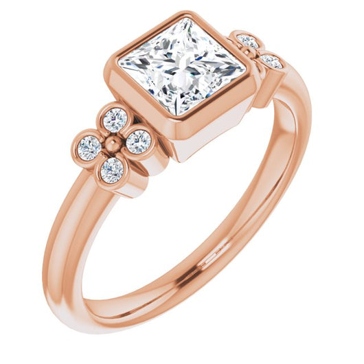 10K Rose Gold Customizable 9-stone Bezel-set Princess/Square Cut Design with Quad Round Bezel Side Stones Each Side