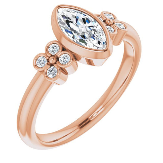 10K Rose Gold Customizable 9-stone Bezel-set Marquise Cut Design with Quad Round Bezel Side Stones Each Side