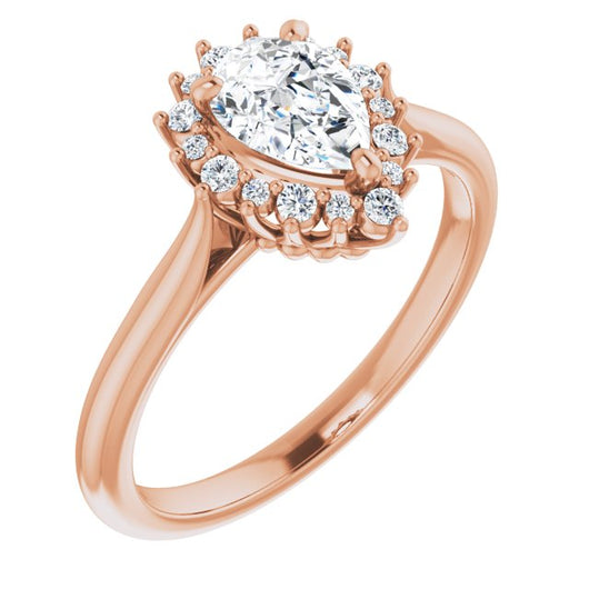 10K Rose Gold Customizable Crown-Cathedral Pear Cut Design with Clustered Large-Accent Halo & Ultra-thin Band