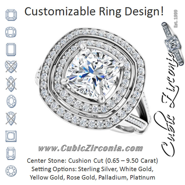 Cubic Zirconia Engagement Ring- The Chaunte (Customizable Cathedral-set Cushion Cut Design with Double Halo, Wide Split-Shared Prong Band and Side Knuckle Accents)