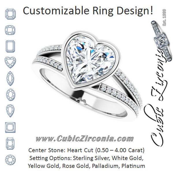 Cubic Zirconia Engagement Ring- The Jenni Lou (Customizable Bezel-set Heart Cut Design with Split Shared Prong Band)