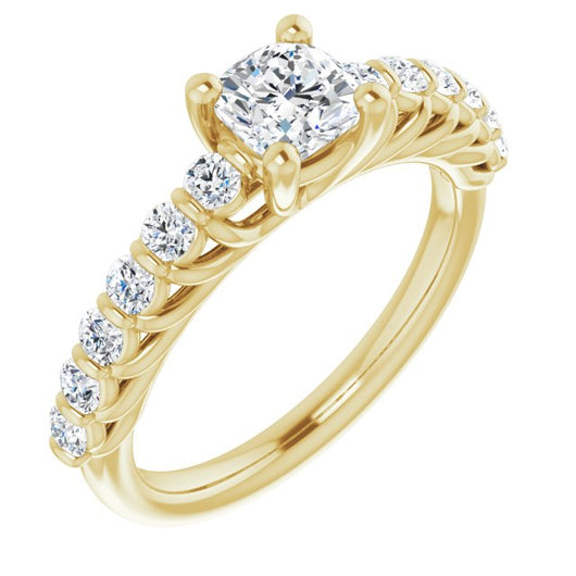 10K Yellow Gold Customizable Cushion Cut Style with Round Bar-set Accents