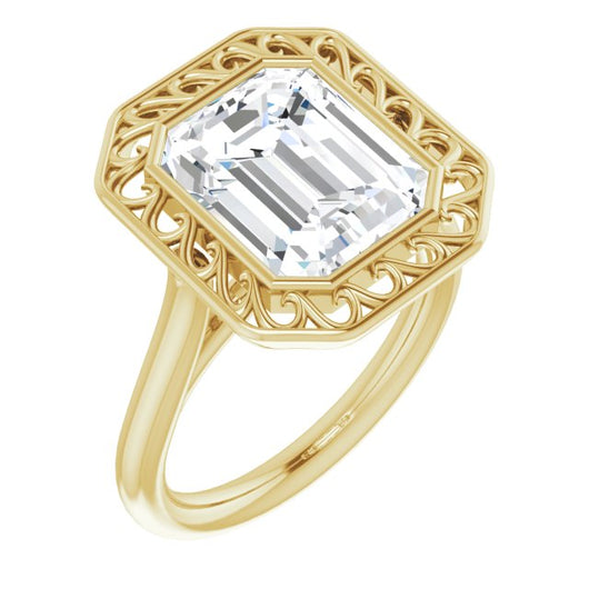 10K Yellow Gold Customizable Cathedral-Bezel Style Emerald/Radiant Cut Solitaire with Flowery Filigree