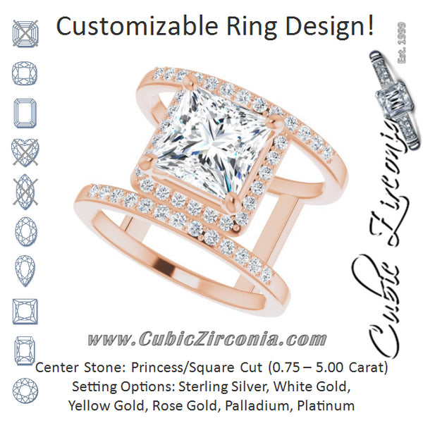 Cubic Zirconia Engagement Ring- The Jersey (Customizable Princess/Square Cut Halo Design with Open, Ultrawide Harness Double Pavé Band)