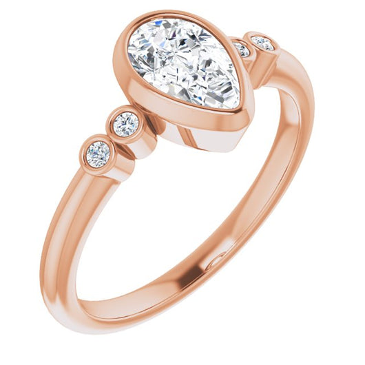 10K Rose Gold Customizable 5-stone Bezel-set Pear Cut Design with Quad Round-Bezel Side Stones