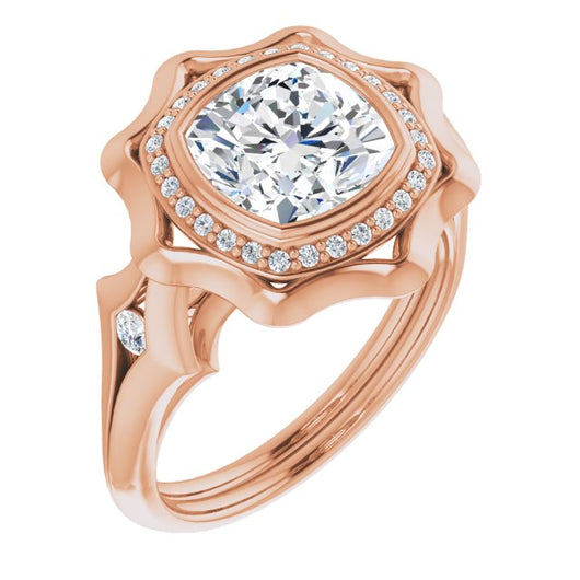 10K Rose Gold Customizable Bezel-set Cushion Cut with Halo & Oversized Floral Design