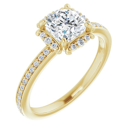 10K Yellow Gold Customizable Cushion Cut Style with Halo and Thin Shared Prong Band