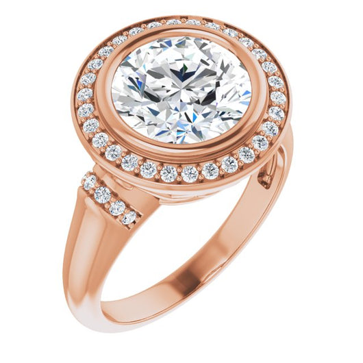 10K Rose Gold Customizable Bezel-set Round Cut Design with Halo and Vertical Round Channel Accents