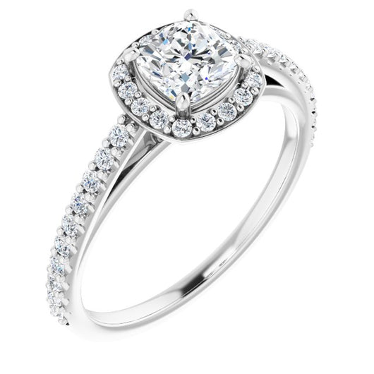 10K White Gold Customizable Cushion Cut Design with Halo and Thin Pavé Band