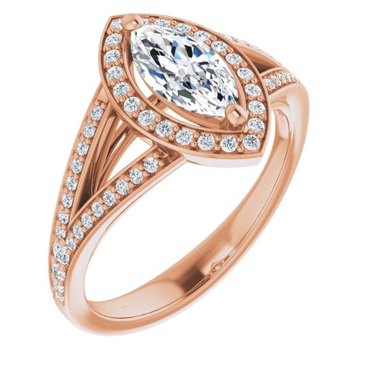 10K Rose Gold Customizable Cathedral-Halo Marquise Cut Style featuring Split-Shared Prong Band