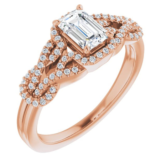 10K Rose Gold Customizable Emerald/Radiant Cut Design with Intricate Over-Under-Around Pavé Accented Band