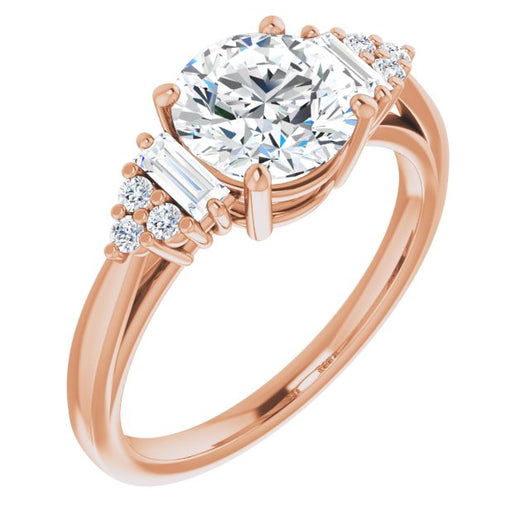 10K Rose Gold Customizable 9-stone Design with Round Cut Center, Side Baguettes and Tri-Cluster Round Accents