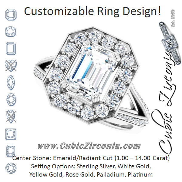 Cubic Zirconia Engagement Ring- The Darsha (Customizable Emerald Cut Center with Large-Accented Halo and Split Shared Prong Band)