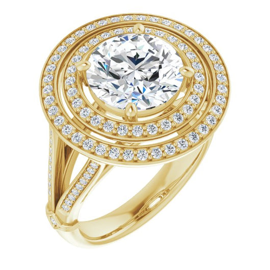 14K Yellow Gold Customizable Cathedral-set Round Cut Design with Double Halo, Wide Split-Shared Prong Band and Side Knuckle Accents