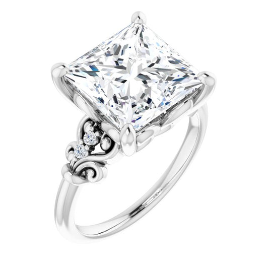 10K White Gold Customizable Vintage 5-stone Design with Princess/Square Cut Center and Artistic Band Décor