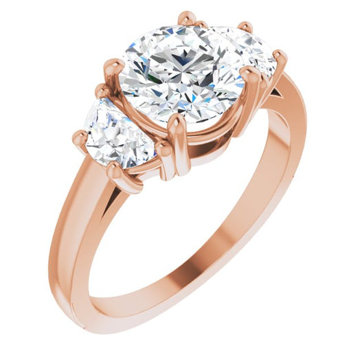 10K Rose Gold Customizable 3-stone Design with Round Cut Center and Half-moon Side Stones