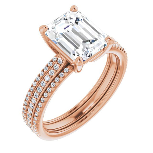 10K Rose Gold Customizable Emerald/Radiant Cut Center with Wide Pavé Accented Band